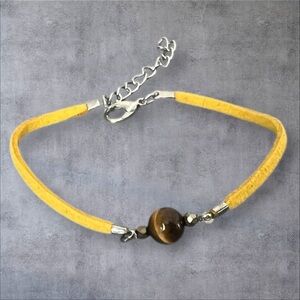 round tiger’s eye bead bracelet & Yellow leather